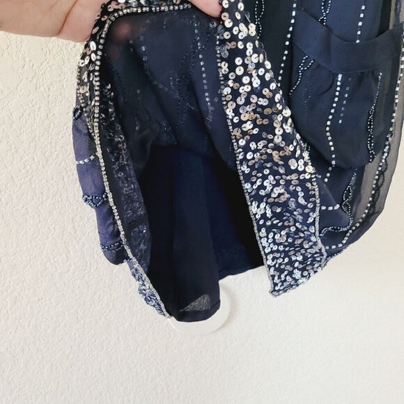 French Connection 100% Silk Shift Dress Sz 0 Blue Sequin Beaded Lined Lightweigh - Picture 8 of 10